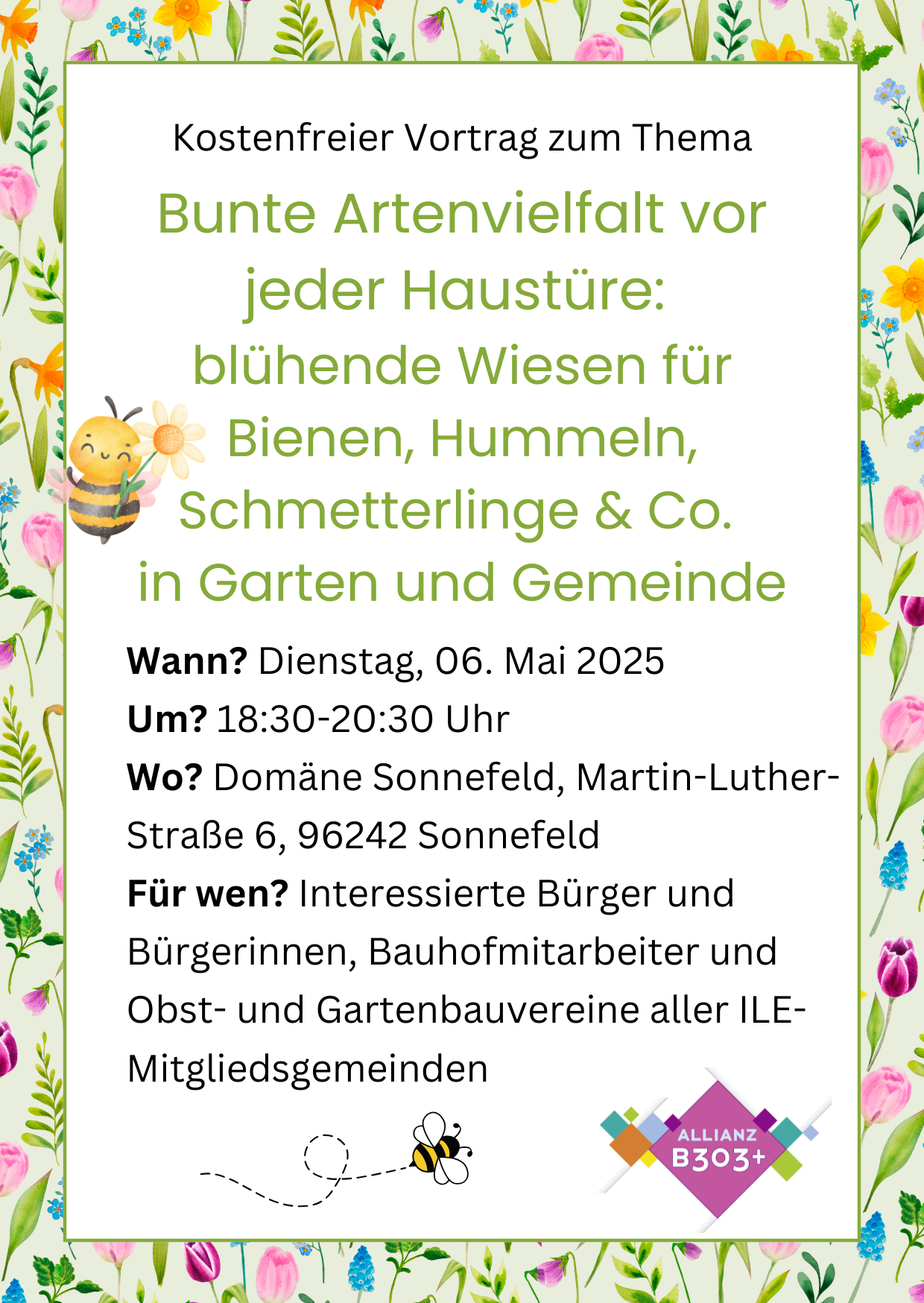 Kostenfreier Vortrag "Bunte Artenvielfalt vor jeder Haustüre: blühende Wiesen für Bienen, Hummeln, Schmetterlinge & Co. in Garten und Gemeinde"