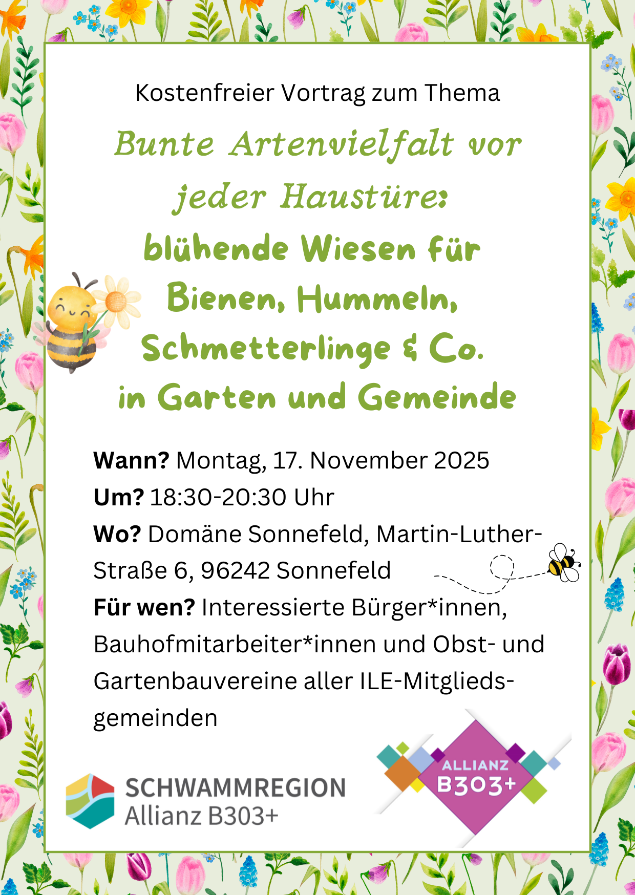 Kostenfreier Vortrag "Bunte Artenvielfalt vor jeder Haustüre: blühende Wiesen für Bienen, Hummeln, Schmetterlinge & Co. in Garten und Gemeinde"